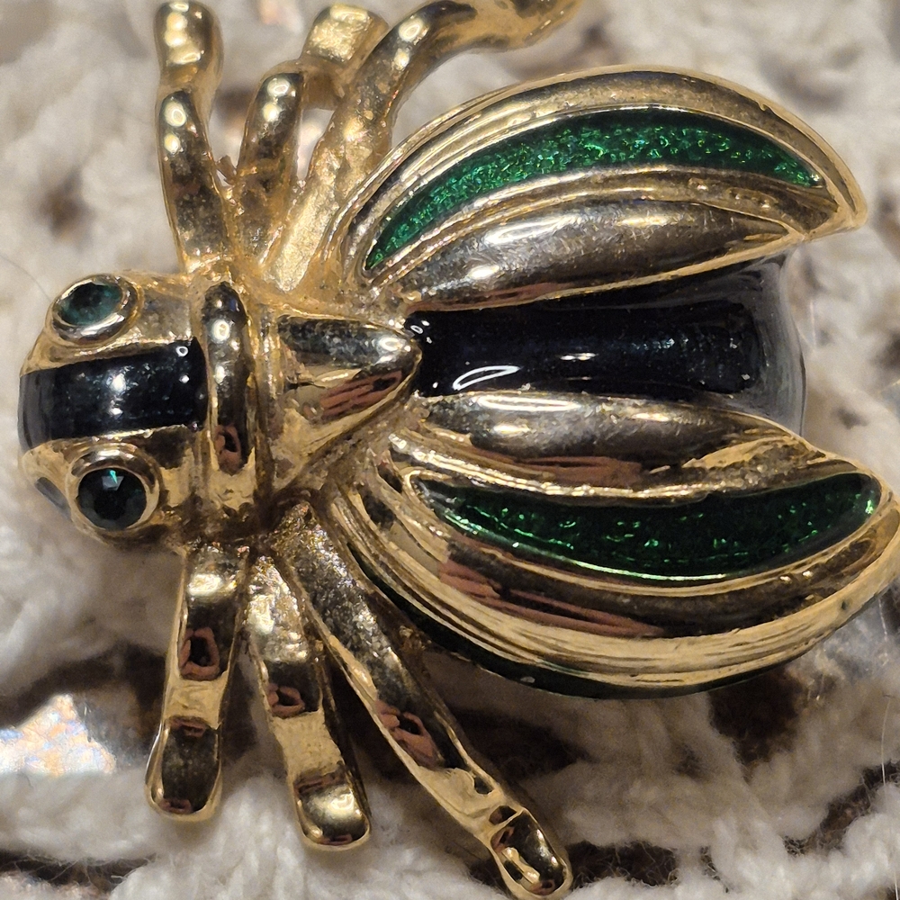 Vintage Roman Gold Tone and Green Insect Brooch